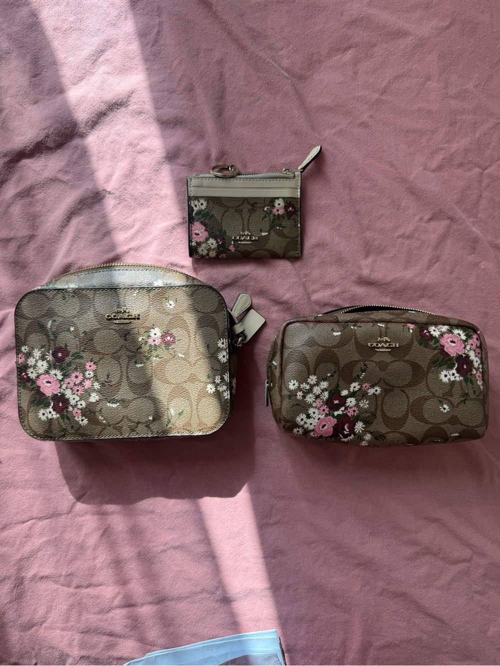 Coach Brown Bag Set with Pink Flowers